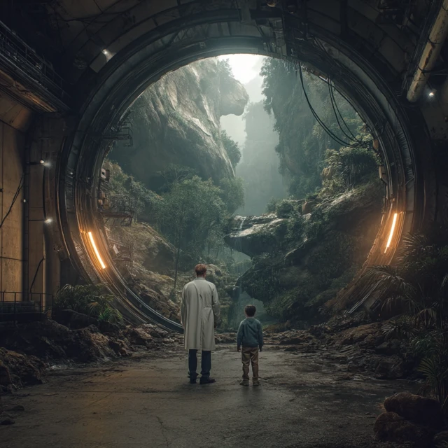 Sci-Fi Portal: Scientist and Child Explore New World