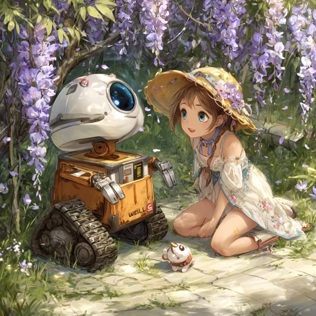 WallE and Chu in a Wisteria Anime Garden