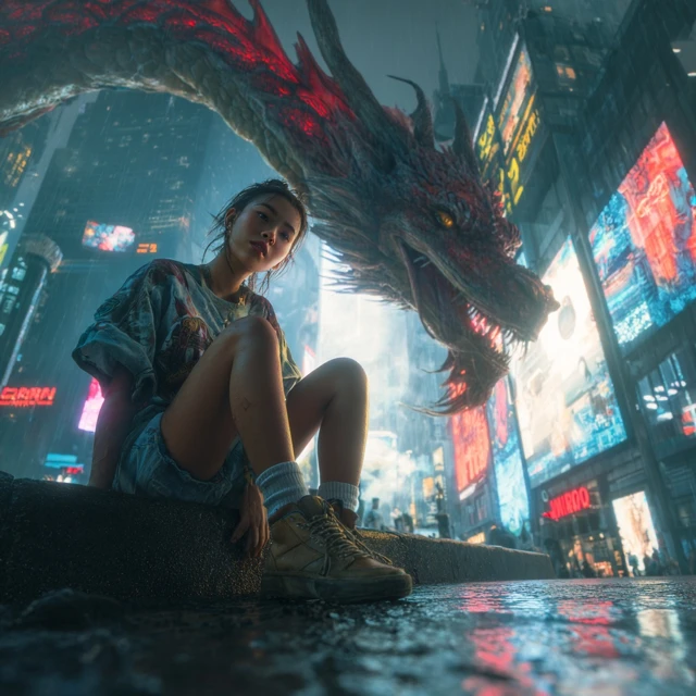 Cyberpunk Woman and Dragon Night Scene