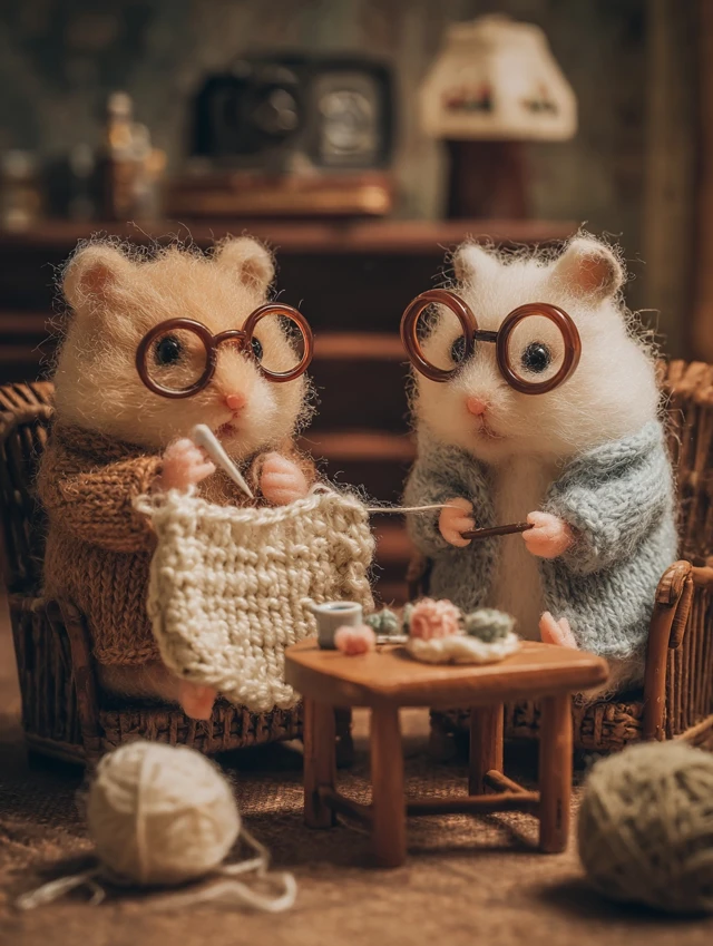 Cute Hamsters Crocheting Vintage Photograph