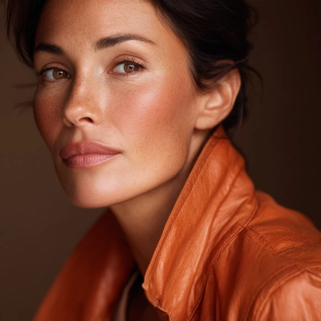Model with Natural Skin and Orange Leather Jacket