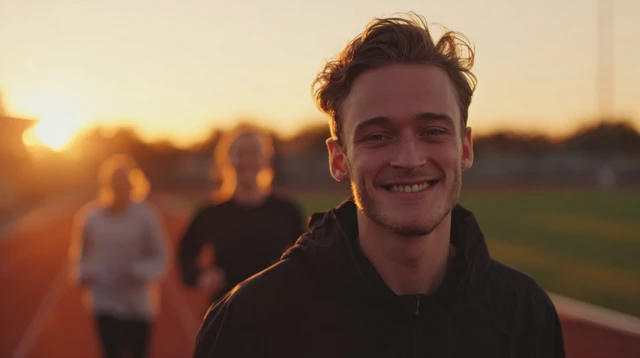 Man Running Track Smiling at Camera Cinematic Still