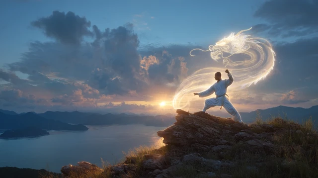 Tai Chi Master and Dragon Energy at Sunset