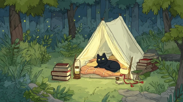 Cozy Cat in Enchanted Forest - Whimsical Cartoon