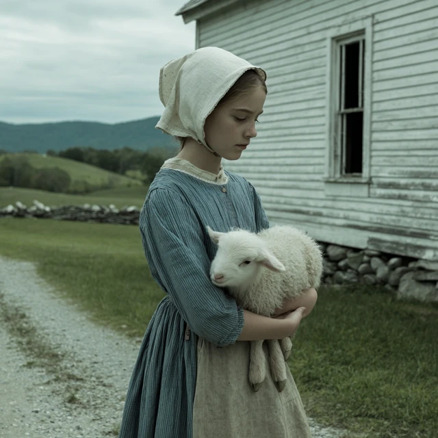Young Girl and Lamb in 1810s New England