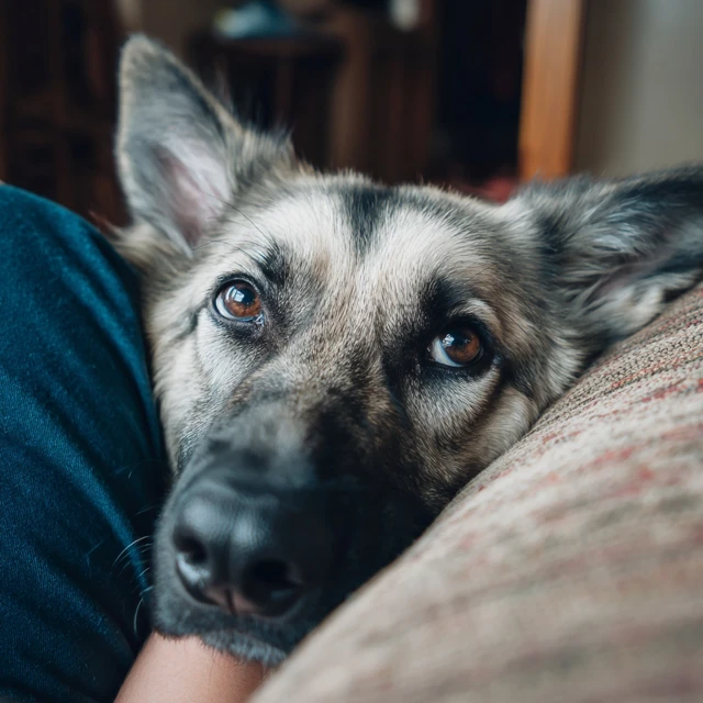 Dog Seeking Attention Resting Head in Owners Lap