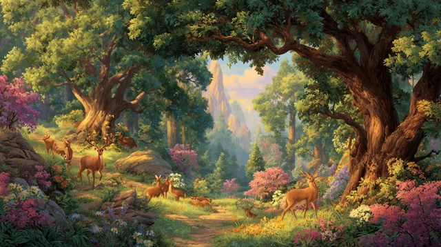 Paradise Scene Lush Greenery and Golden Sunlight