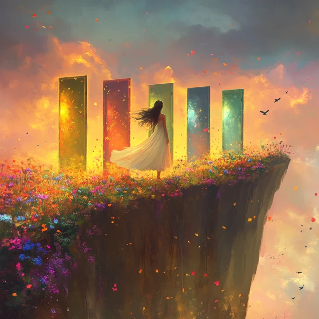Dreamlike Scene Woman at Golden Cliff Doorways