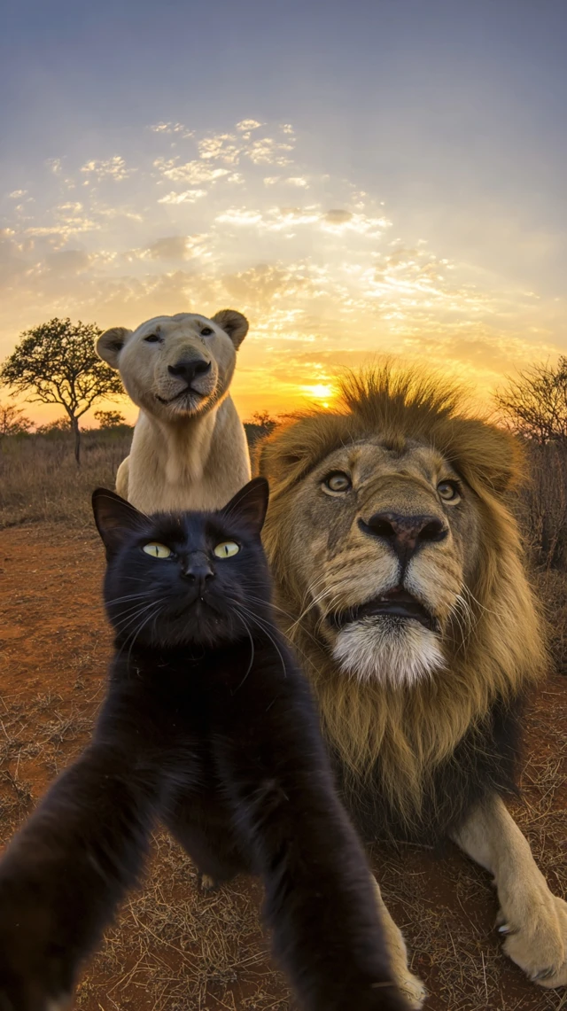 Wild Selfie Cat Lion and Polar Bear on the Savannah