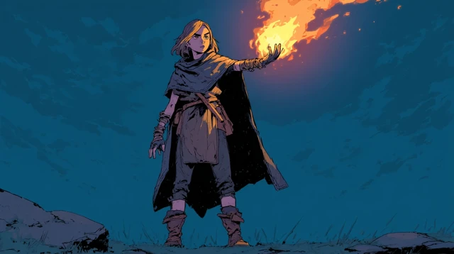 Young Witch Conjuring Fire in Dramatic Illustration