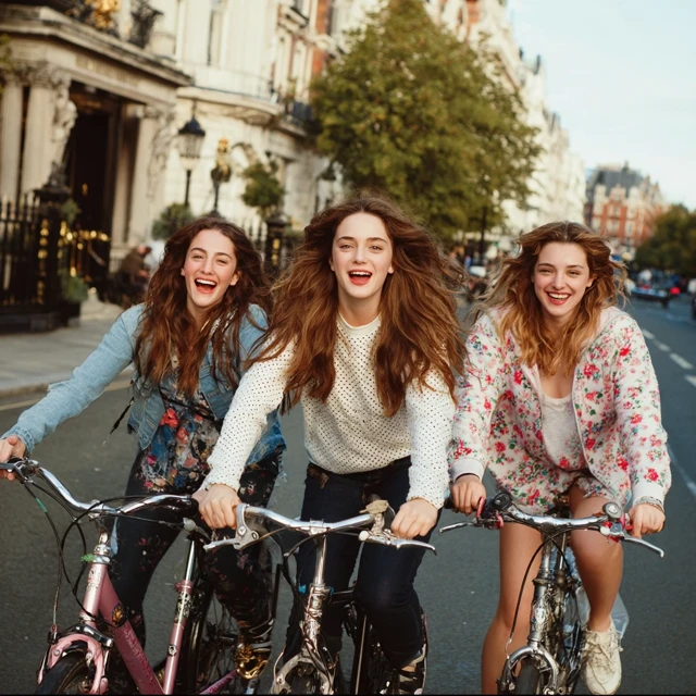 Friends Riding Bikes Laughing Full Color Photo