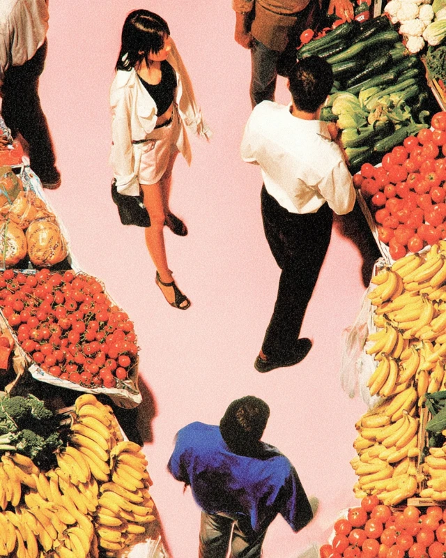 Vibrant Marketplace Top Down View Fresh Produce People