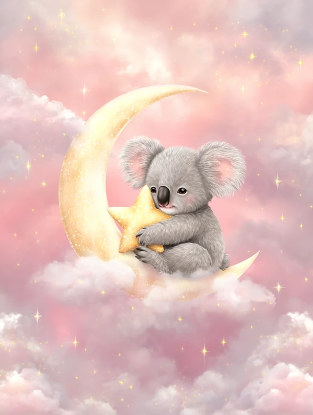 Cute Koala on Moon with Star Nursery Art