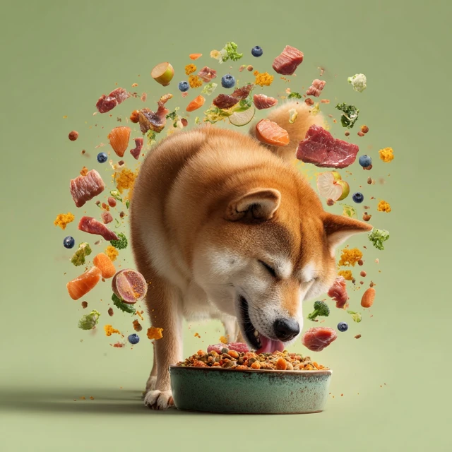 Happy Shiba Inu Eating Dog Food Studio Photo
