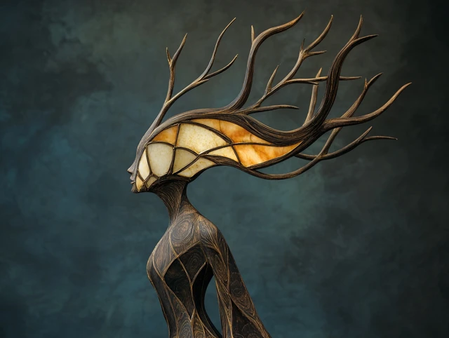 Haunting Deer Woman Wood and Glass Sculpture