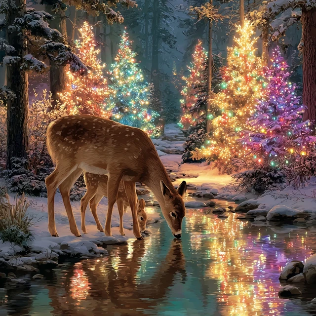 Winter Wonderland Deer Scene with Christmas Trees