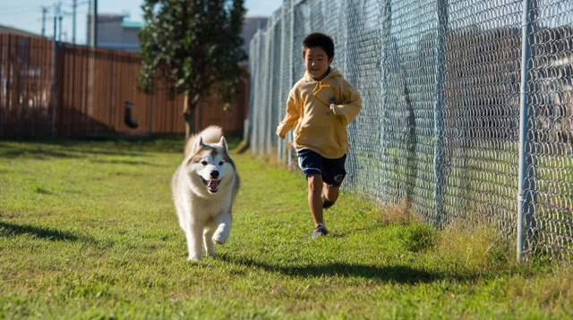 Boy and Dog Play in Park Sunny Day