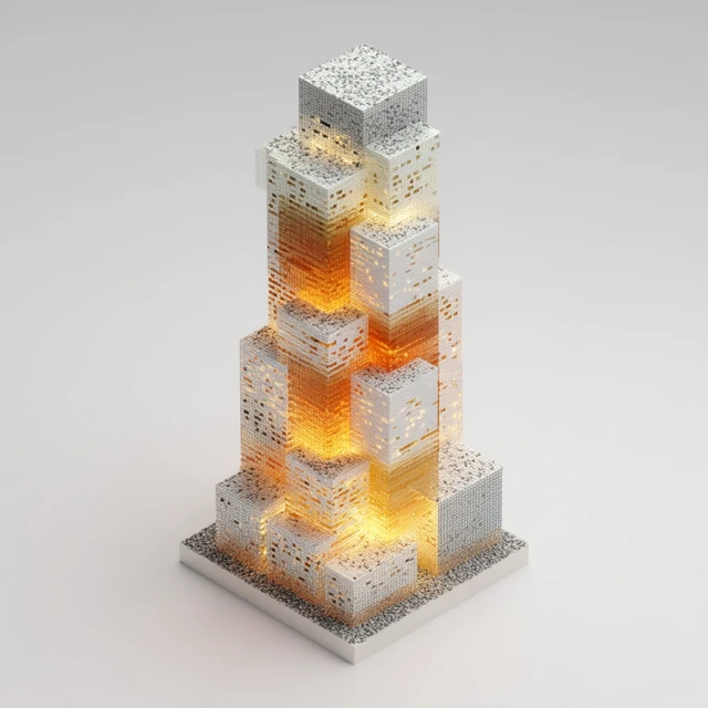 3D Render Skyscraper Isometric View Soft Sand Particles