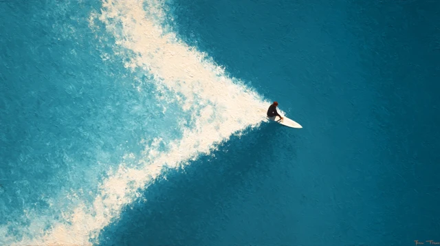 Minimalist Oil Painting Surfer Riding Wave Aerial View