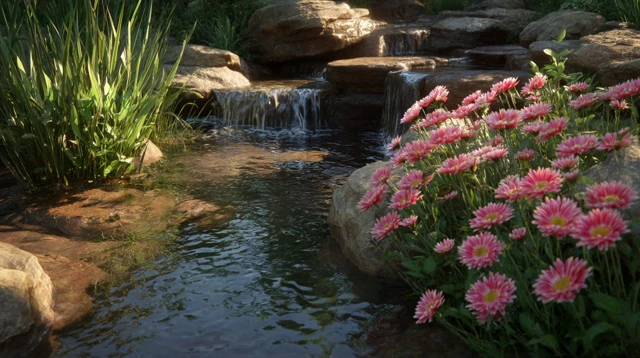 Tranquil Garden Stream with Waterfall and Flowers