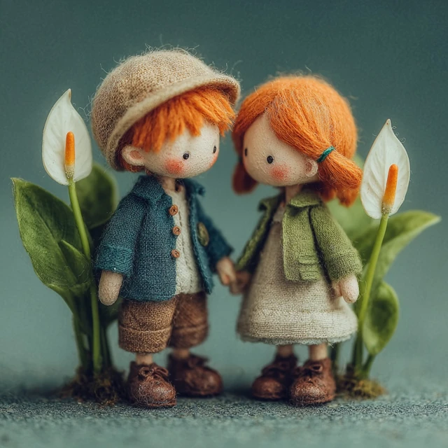Red Haired Dolls Holding Hands with Peace Lilies