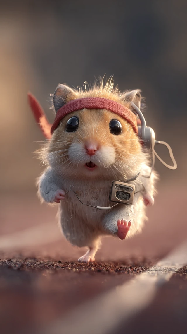 Hamster Jogging with Music Player Photorealistic