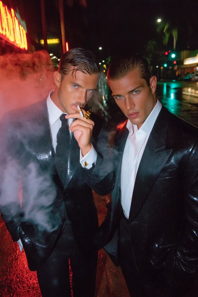 Stylish Men in Black Suits - Night Rain