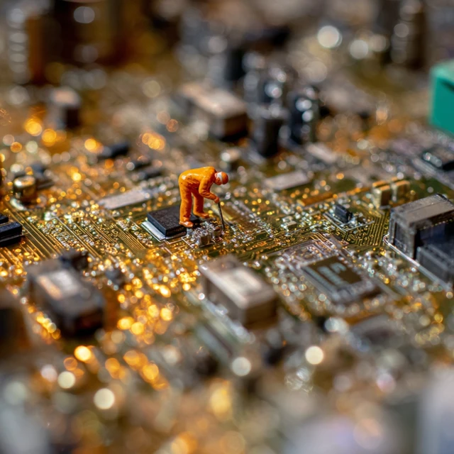 Macro Photo Tiny Technician on Circuit Board