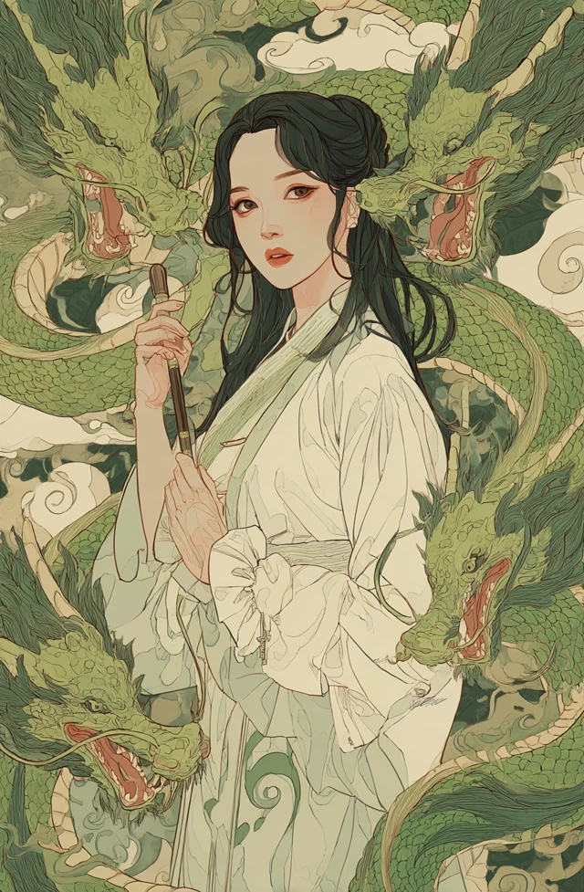 Ancient Beauty and Dragons Chinese Illustration
