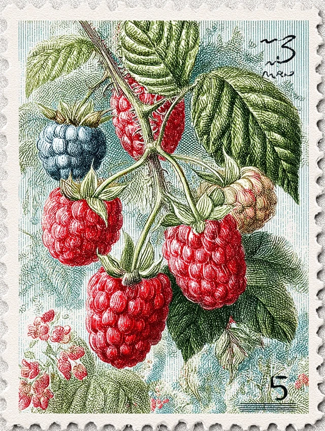Raspberry Postage Stamp Art Retro Illustration