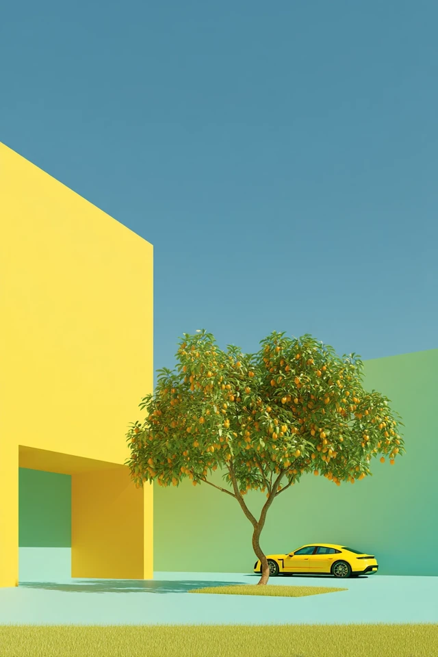 Minimalist Landscape with Yellow Car and Tree
