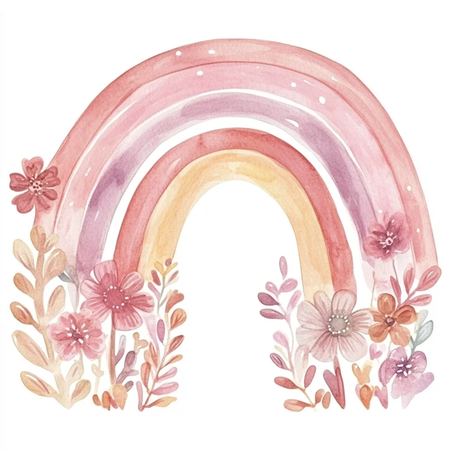 Watercolor Rainbow with Flowers Pastel Pink