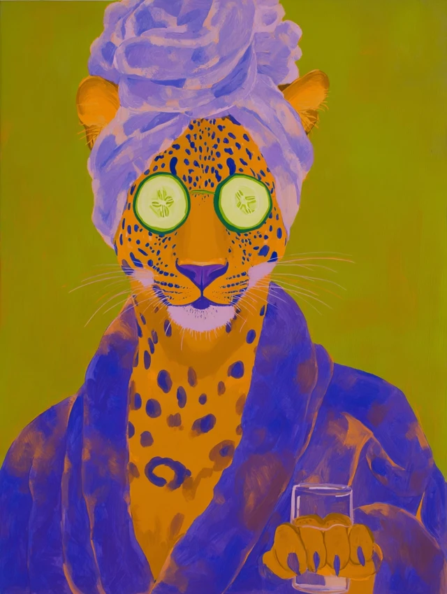 Relaxed Leopard in Robe with Cucumber Slices