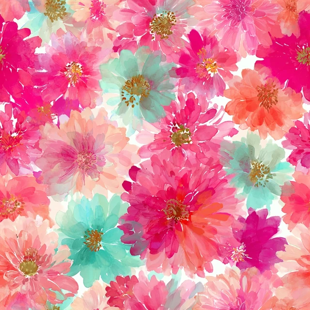 Watercolor Floral Pattern Bright Flowers Dahlias Zinnias