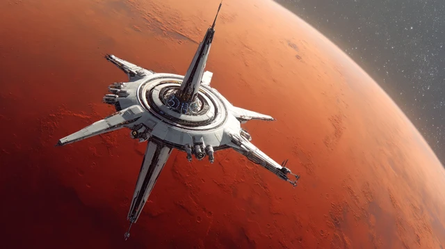 Spaceship Orbiting Red Planet Cinematic View