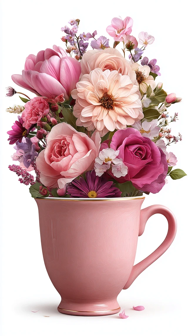 Pink Cup with Floral Bouquet Hyperrealistic