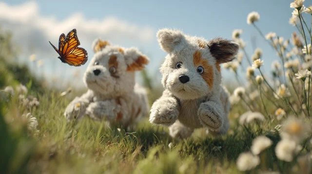 Stuffed Puppy Puppies Chasing a Butterfly 3D Animation