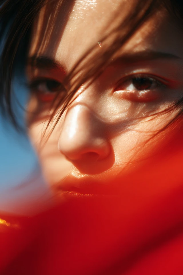 Asian Woman Fashion Photography Red Background Vivid Colors