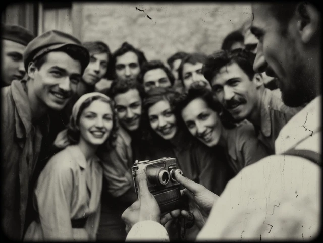 WWII Civilians Smiling Black and White Photo