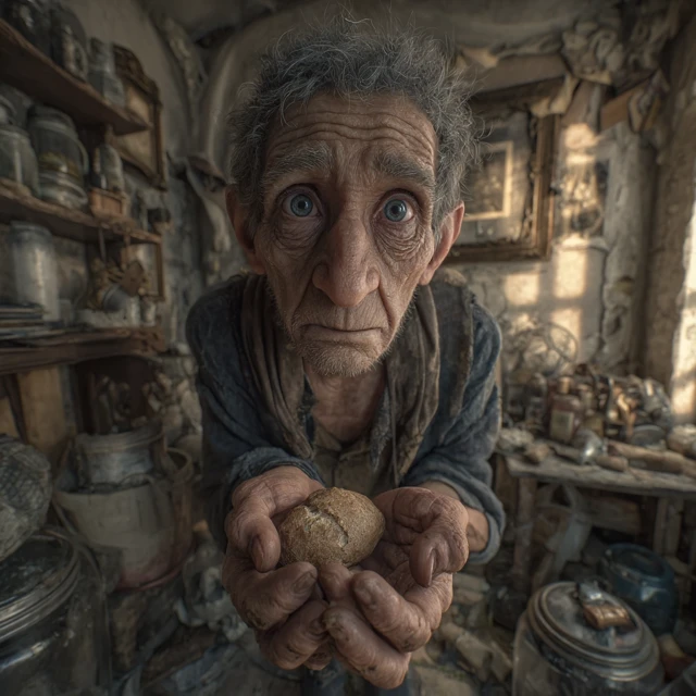 Old Man Offers Bread, Hyperrealistic Portrait