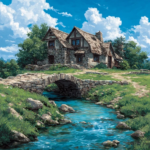 Cottage by a Stream: Summer Day Landscape