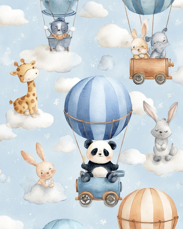 Cute Animal Hot Air Balloons Watercolor Wallpaper
