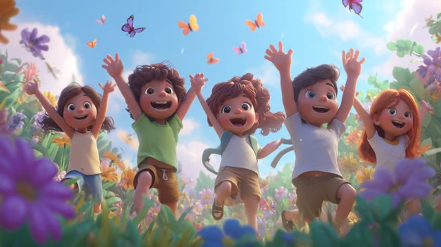 Kids Jumping in a Sunny Park 3D Cartoon Scene