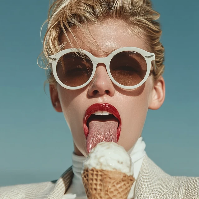 Glamorous Woman with Ice Cream, Sunglasses, and Bright Sunlight