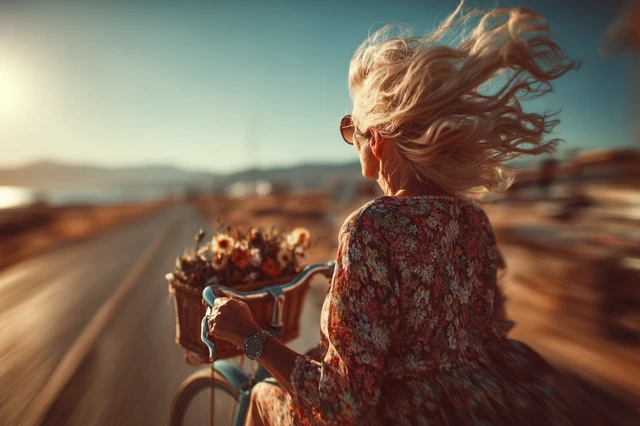 Retired Woman Biking Through Countryside Flowers