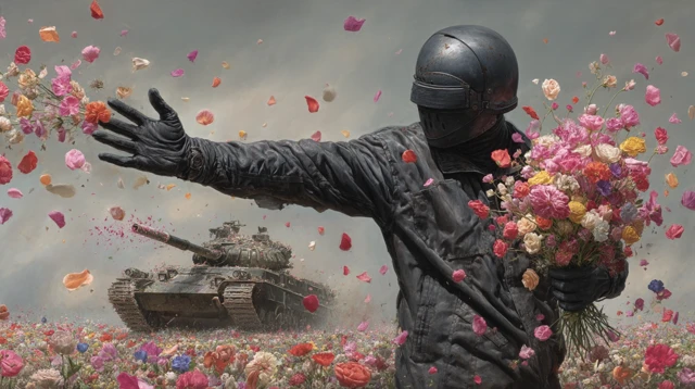 Photorealistic Image: Soldier with Flowers and a Tank