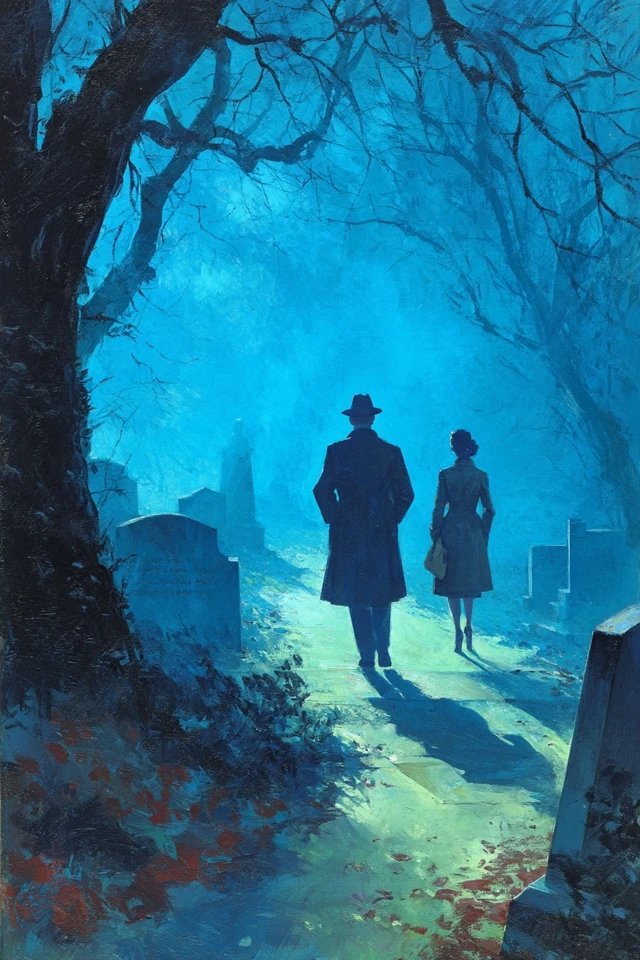 Noir Detective and Woman Cemetery Painting