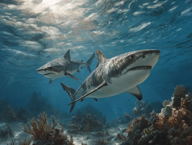 Realistic Shark Illustration in Ocean with Coral Reef