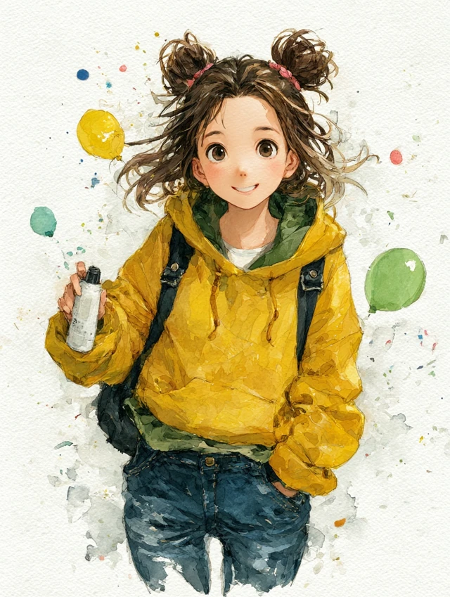 Chinese Girl in Yellow Hoodie Hand Drawn Illustration