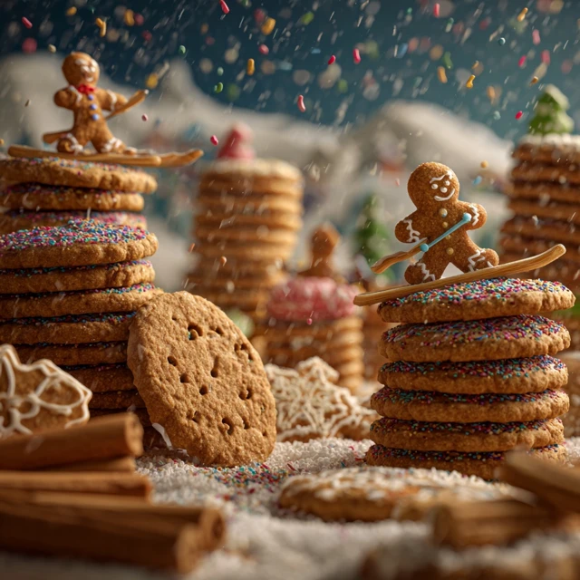 Gingerbread Skiers and Cookie Mountain Scene